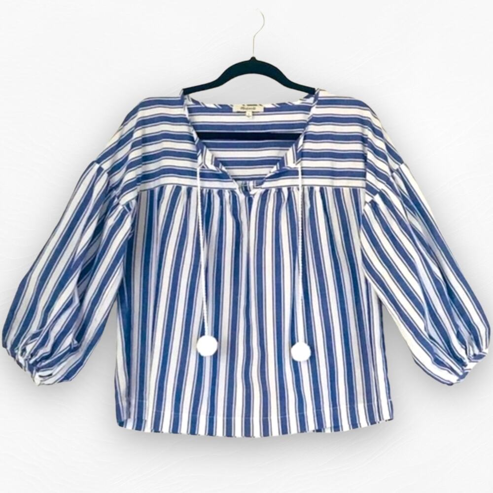 Madewell Peasant Top in Shea Stripe Small Blue White Pompom Ties